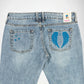 Back view of light-wash blue denim Bubblegum jeans featuring embroidered blue designs on the back pockets, including wings and star embroidery on the right pocket and three shining stars embroidery on the left pocket, with a Bubblegum USA brand patch visible at the waistband.