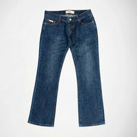 A pair of medium-wash blue Bubblegum denim jeans with a Jane super low flare fit, laid flat against a light gray background.