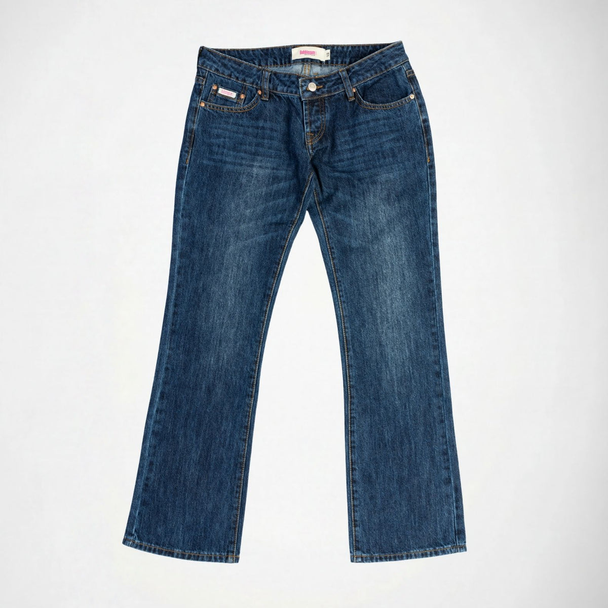 A pair of medium-wash blue Bubblegum denim jeans with a Jane super low flare fit, laid flat against a light gray background.