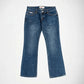 A pair of medium-wash blue denim Bubblegum jeans with a slight flare leg, laid flat against a light gray background.