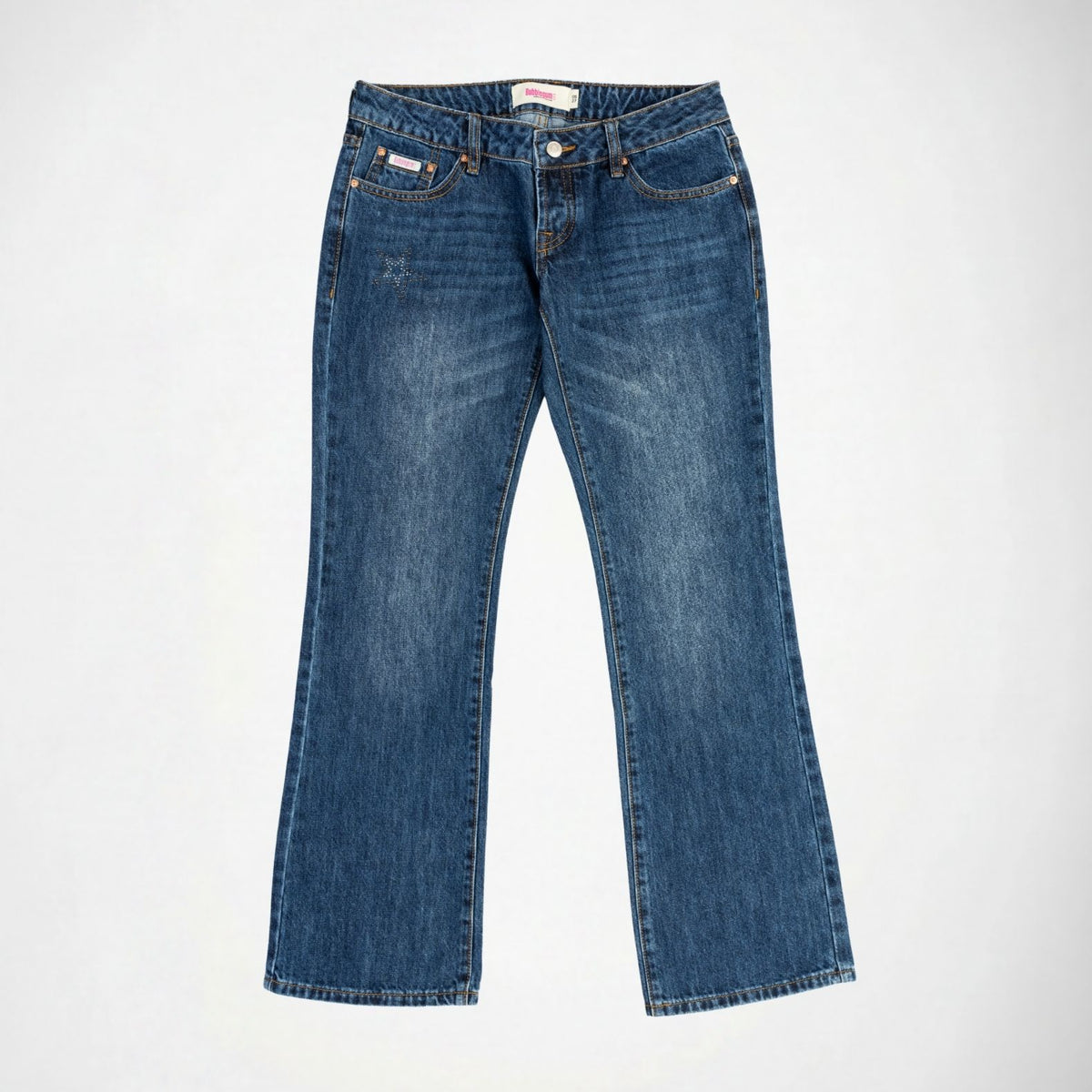 A pair of medium-wash blue denim Bubblegum jeans with a slight flare leg, laid flat against a light gray background.