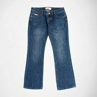 A pair of medium-wash blue denim Bubblegum jeans with a slight flare leg, laid flat against a light gray background.
