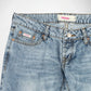 Close-up of a pair of light blue denim Bubblegum jeans showing the waistband, button, belt loops, front pocket, and inner label. The brand name 'Bubblegum USA' is visible on the waistband tag and inner pocket label.