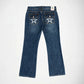 Back view of a pair of blue denim Bubbldgum jeans with white embroidered stars with rhinestones on the back pockets, shown flat on a light gray background.