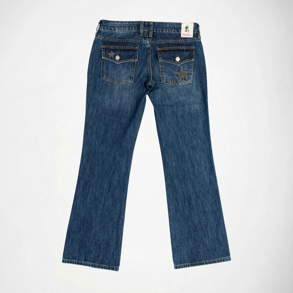Back view of a pair of blue denim Bubblegum jeans with a star embellishment on the right back pocket, displayed against a plain white background.