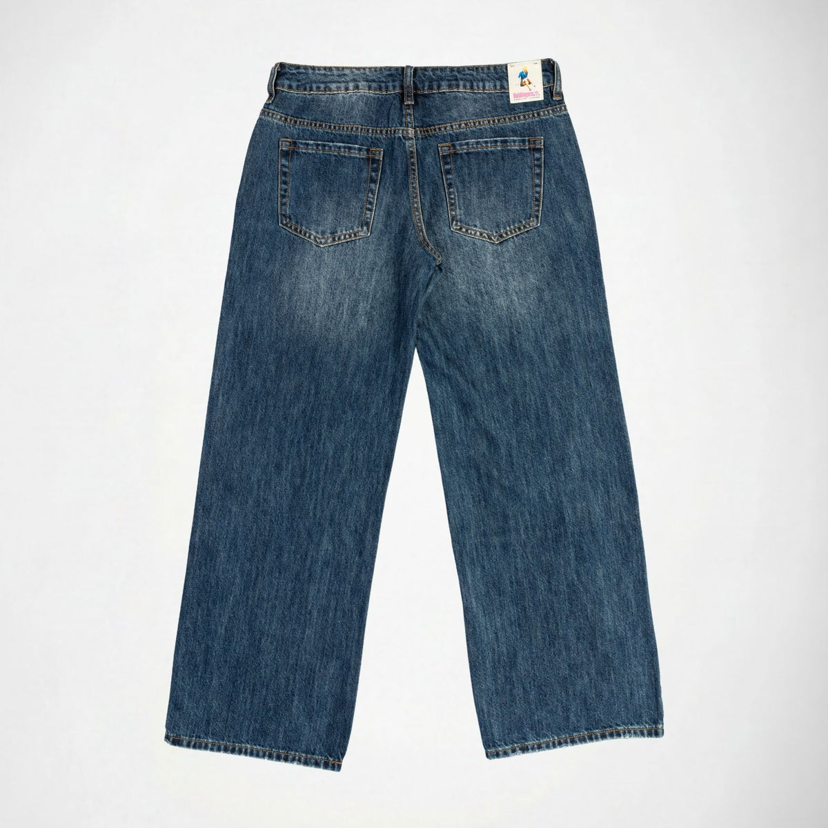 Back view of a pair of blue denim Bubblegum jeans with a mid rise, wide leg, laid flat on a white background.