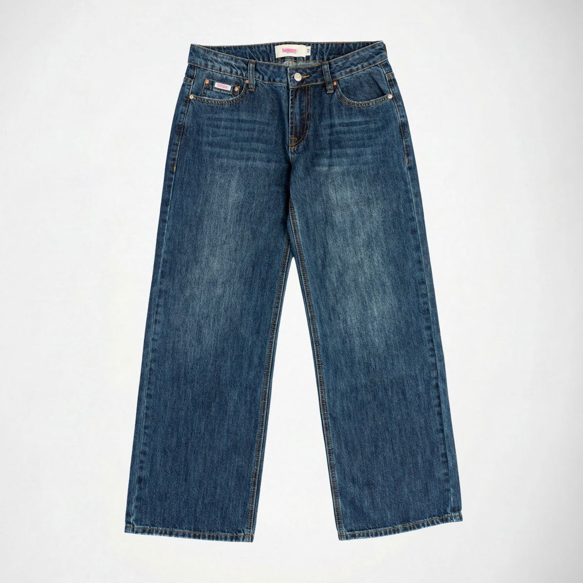 A pair of medium-wash blue denim Bubblegum jeans laid flat against a light gray background.