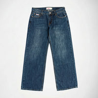A pair of medium-wash blue denim Bubblegum jeans laid flat against a light gray background.