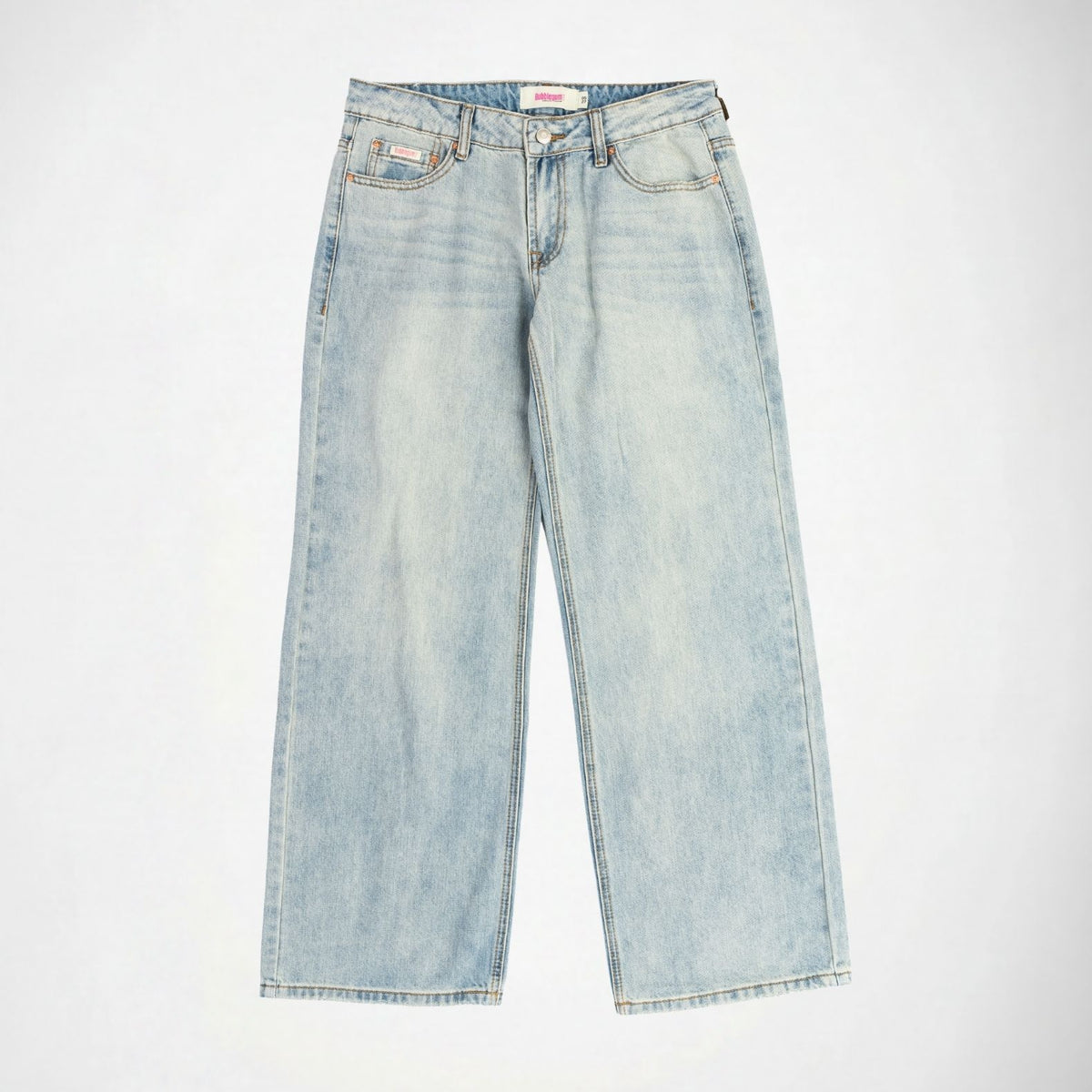 Light wash blue denim Bubblegum jeans with a mid rise, wide leg fit, laid flat against a light gray background.