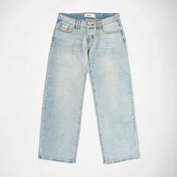 Light wash blue denim Bubblegum jeans laid flat against a plain white background.