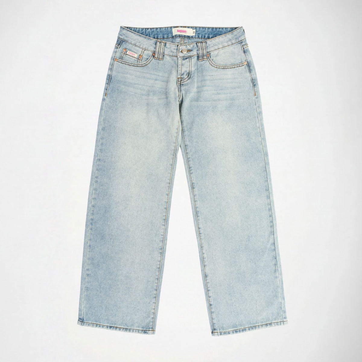 Light wash blue denim Bubblegum jeans laid flat against a plain white background.