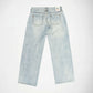 Back view of light-wash blue denim Bubblegum jeans with a super low rise, wide leg fit, laid flat on a white background.