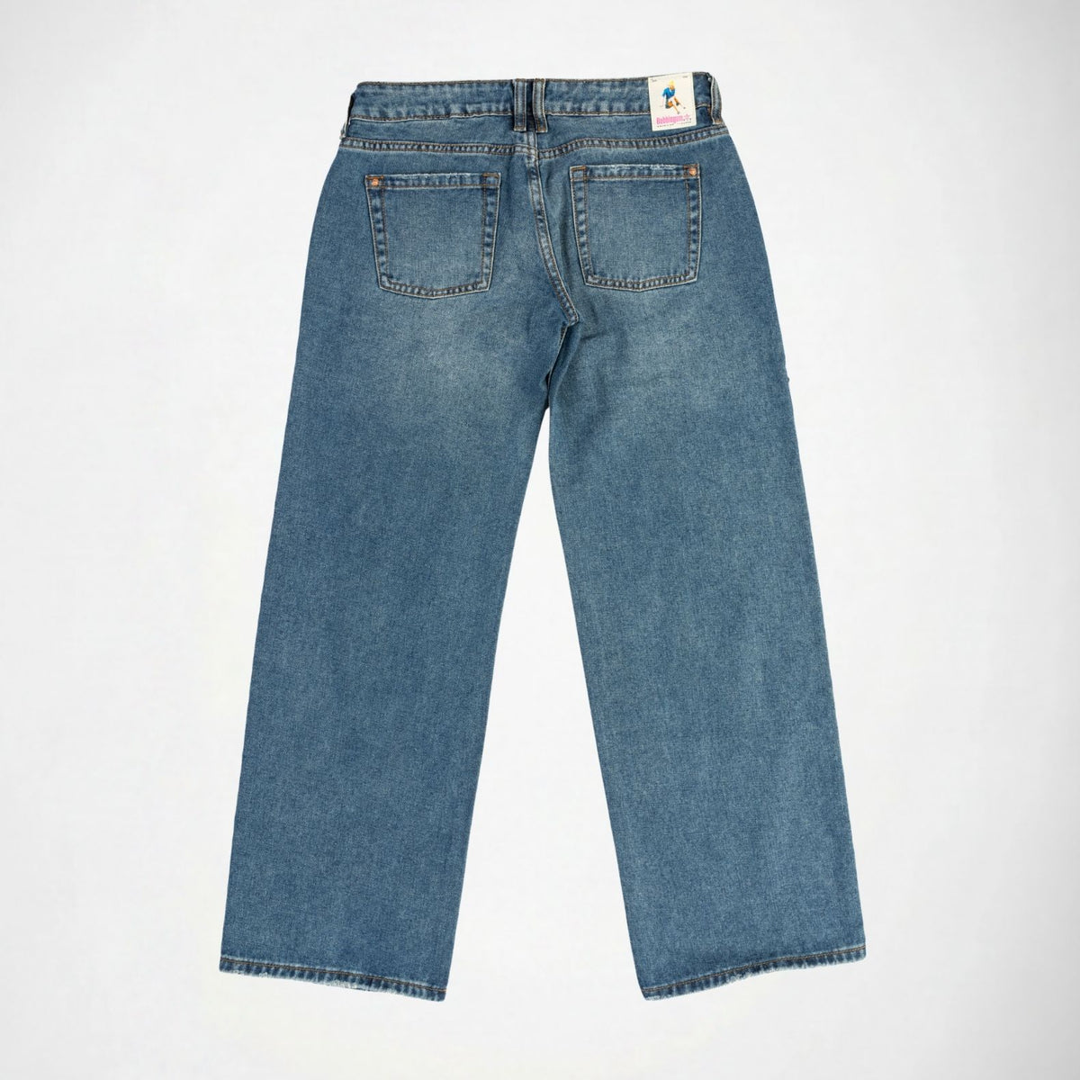 Back view of a pair of blue denim Bubblegum jeans with a super low rise fit, wide leg laid flat on a white background. The back pockets are clearly visible, along with Bubblegum USA brand label on the waistband.